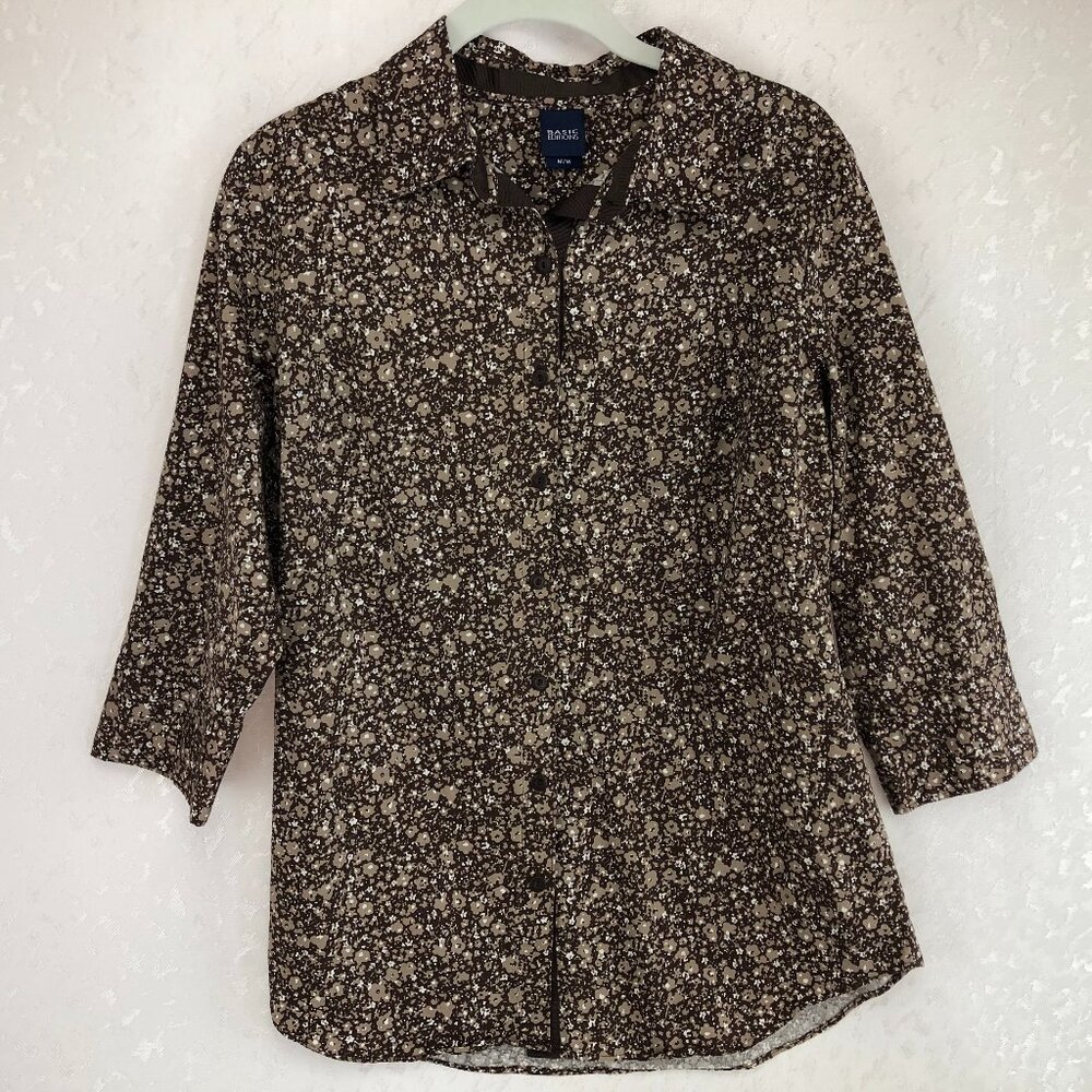 Basic Editions Brown Floral Long Sleeve Button Down Front Cotton Blend Blouse